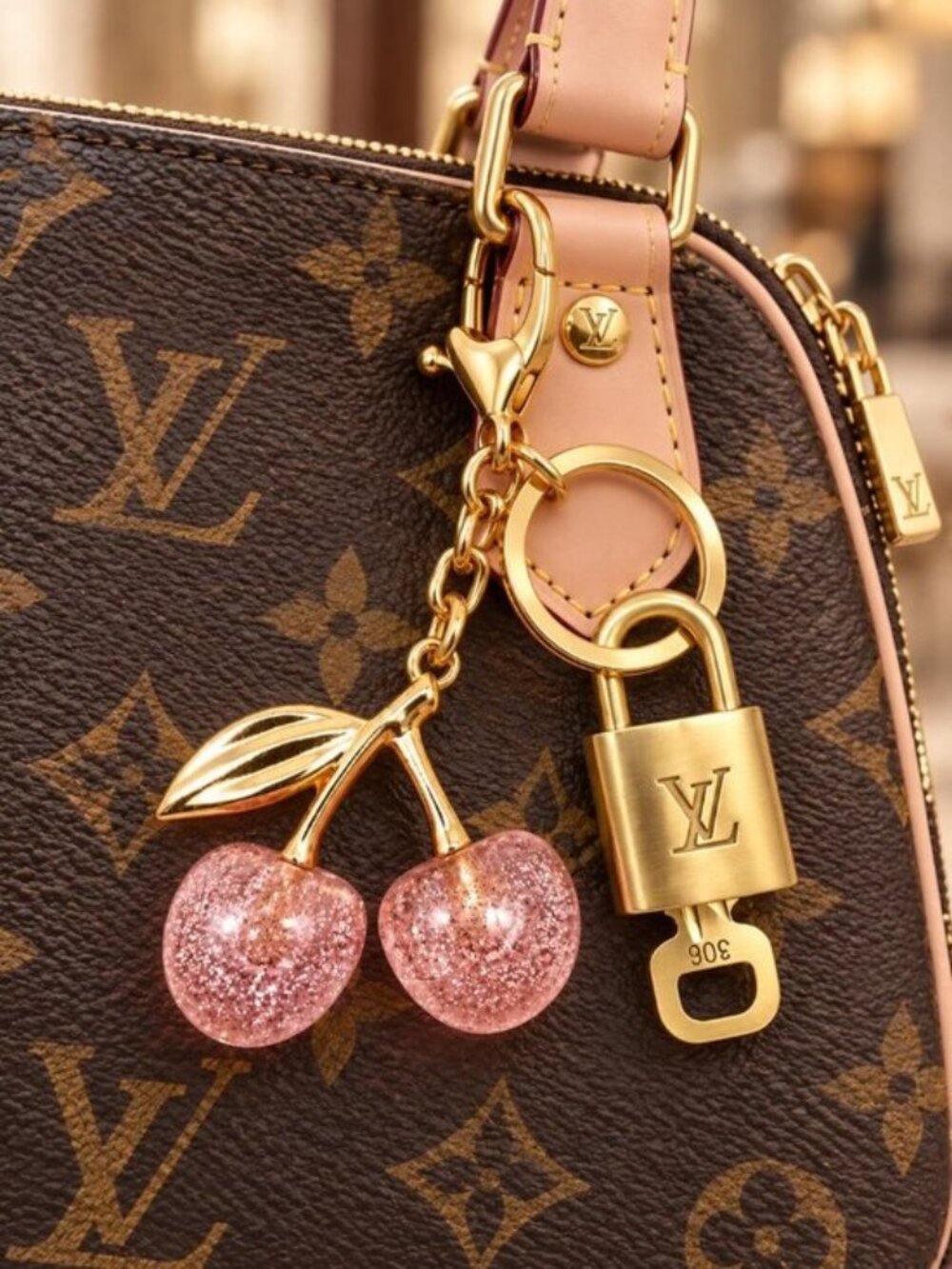Authentic LV Louis Vuitton Gold Lock & Key 🔑 Unbranded Cherry Keychain Charm